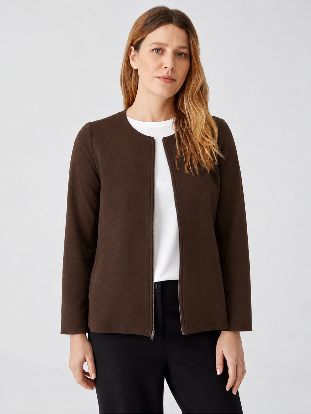 EILEEN FISHER WMNS M Organic Cotton Ponte Zip-Front Jacket Dark Chocolate Brown